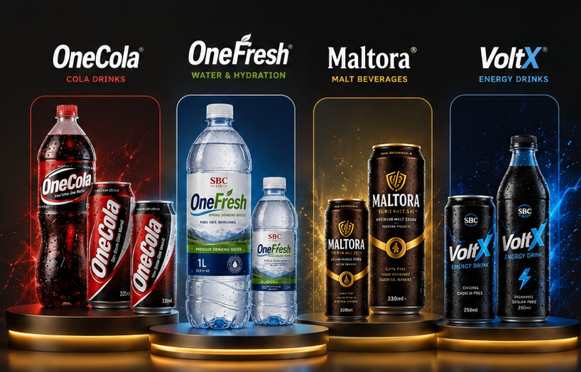 SBC Ltd family of premium beverage brands — OneCola, OneFresh, Maltora, VoltX
